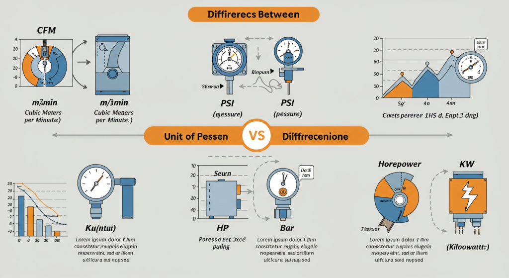 what are differences between cfm, m3min, psi, bar, hp, kw